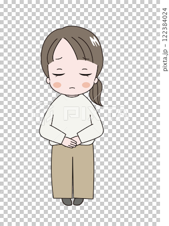 悲しそうな顔で立っているかわいい成人女性のイラスト 122384024