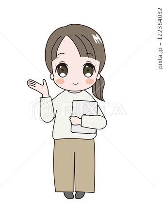 パソコンを胸に抱え右手でどうぞのポーズをしているかわいい成人女性のイラスト 122384032