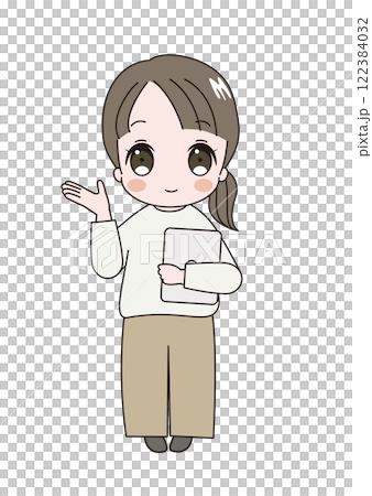 パソコンを胸に抱え右手でどうぞのポーズをしているかわいい成人女性のイラスト 122384032