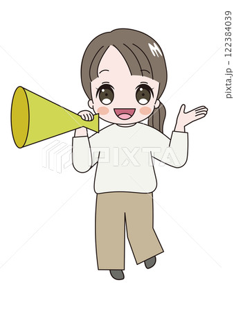 メガホンをもって大きな声を出しているかわいい成人女性のイラスト メガホンをもって大きな声を出しているかわいい成人女性のイラスト 122384039