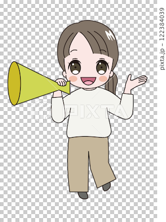 メガホンをもって大きな声を出しているかわいい成人女性のイラスト メガホンをもって大きな声を出しているかわいい成人女性のイラスト 122384039