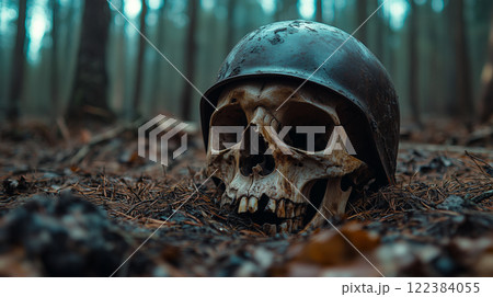 Haunting presence of a skull and helmet amidst the forest decay 122384055
