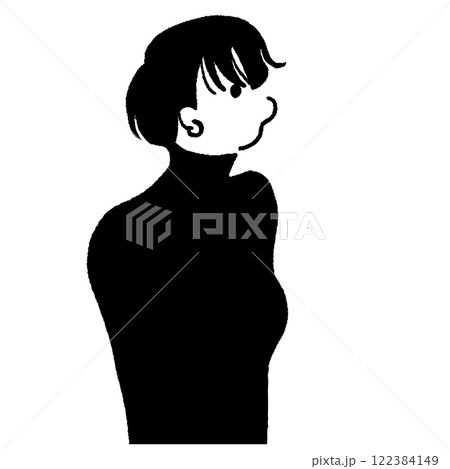 ウルフカット　女性　横顔　タートルネック　ベクター線画 122384149