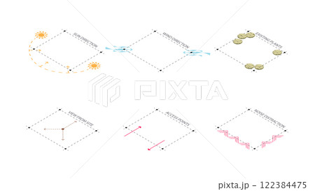 isometric architecture site analysis symbol icon element drawing graphic flat isolated vector. architecture element line sun wind sound sun path vegetation. isometric architecture site analysis symbol icon element drawing graphic flat isolated vector. architecture element line sun wind sound sun path vegetation. 122384475
