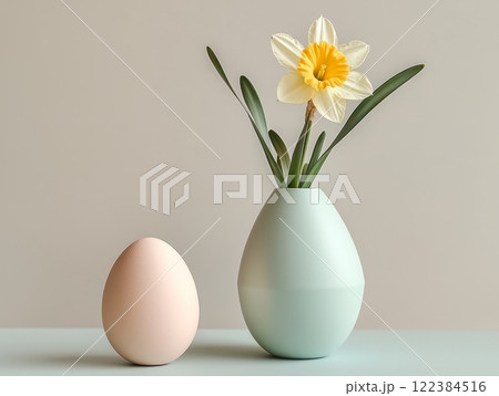 Modern minimalist Easter still life with pastel-colored egg and daffodil flower 122384516