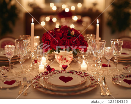Romantic Valentine's Day dinner with roses and candlelight 122384536