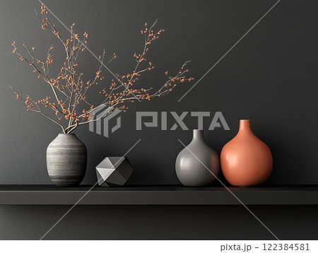 Minimalist arrangement of ceramic vases on a dark shelf Minimalist arrangement of ceramic vases on a dark shelf 122384581