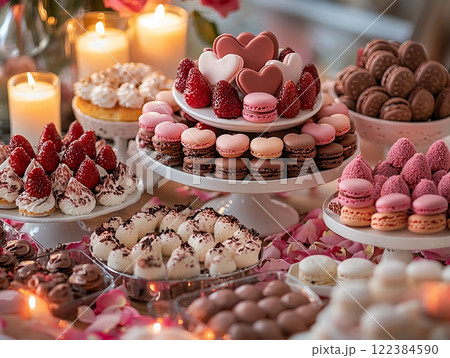 Elegant Valentine's Day dessert table with heart-shaped macaroons, strawberries, and chocolate treats. 122384590