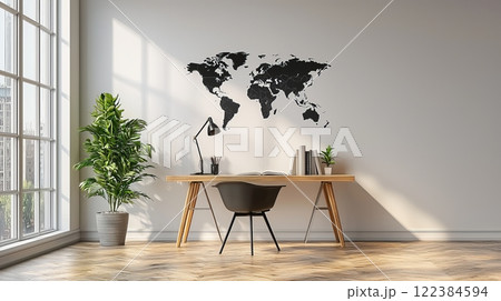 Minimalistic study room with a world map, sleek desk, and cozy, modern design elements. 122384594