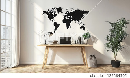 Minimalistic study room with a world map, sleek desk, and cozy, modern design elements. 122384595