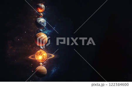 Cosmic alignment of planets including Venus, Mars, Jupiter, Saturn, and others in space. Cosmic alignment of planets including Venus, Mars, Jupiter, Saturn, and others in space. 122384600