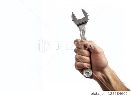 Hand holding a wrench isolated on a white background. 122384603