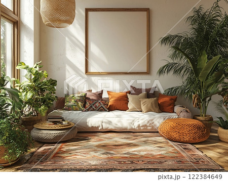 Boho-style living room with cozy atmosphere and textured rugs Boho-style living room with cozy atmosphere and textured rugs 122384649