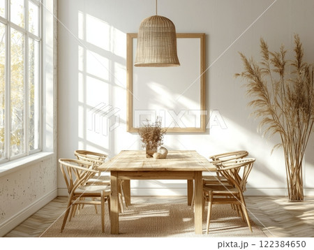 Bright dining room with wooden table and natural light Bright dining room with wooden table and natural light 122384650