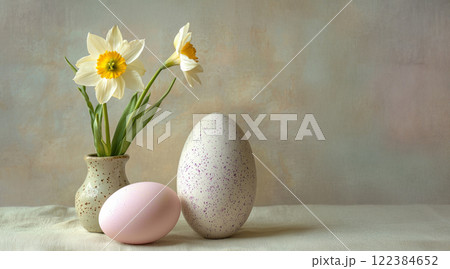 Pastel Easter still life with a tulip and a decorated egg in a vase Pastel Easter still life with a tulip and a decorated egg in a vase 122384652