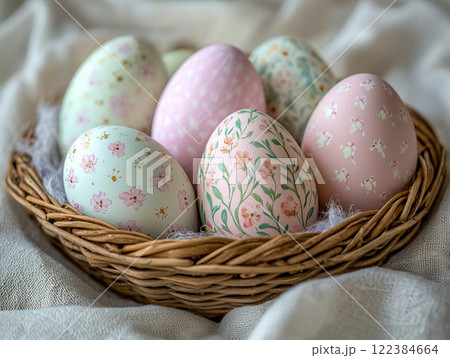 Decorative Easter eggs with floral patterns in a basket for spring celebration. 122384664