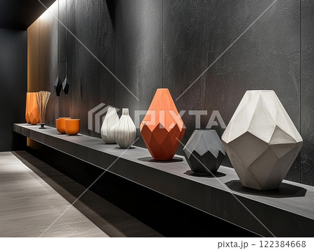 Modern interior with decorative vases and a dramatic black wall. Modern interior with decorative vases and a dramatic black wall. 122384668