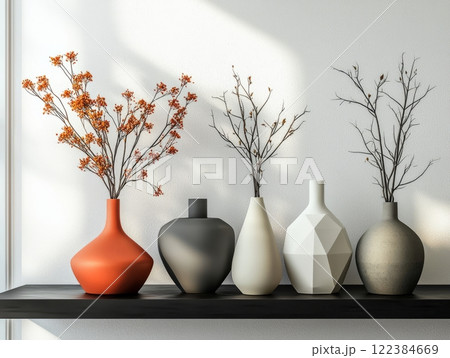 Contemporary interior featuring vases and minimalist decor against a white wall. Contemporary interior featuring vases and minimalist decor against a white wall. 122384669