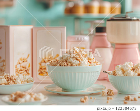 Keto-friendly cereal and sweet popcorn in pastel bowls for a cozy, nostalgic scene. 122384675