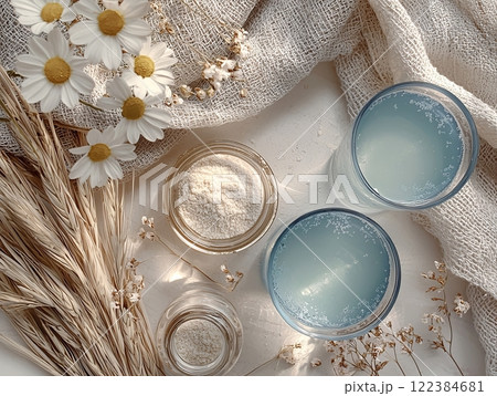 Calming magnesium drinks with flowers on a flat lay 122384681