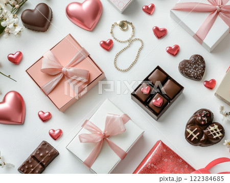 Valentine's Day gifts, hearts, and card on a flat lay Valentine's Day gifts, hearts, and card on a flat lay 122384685