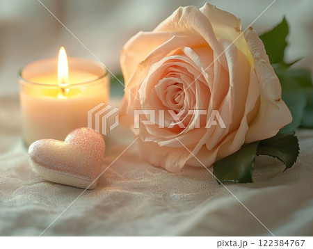 Minimalist Valentine's Day still life with pink rose and heart-shaped decoration 122384767
