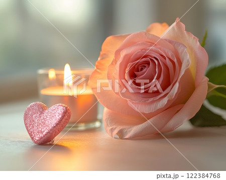 Minimalist Valentine's Day still life with pink rose and heart-shaped decoration 122384768