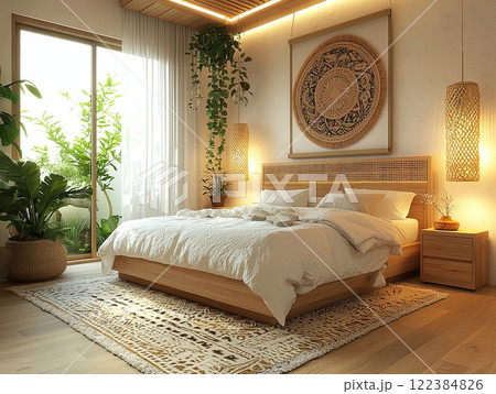 Cozy Scandinavian bedroom with plants and natural light 122384826
