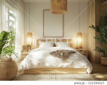 Cozy Scandinavian bedroom with plants and natural light 122384827