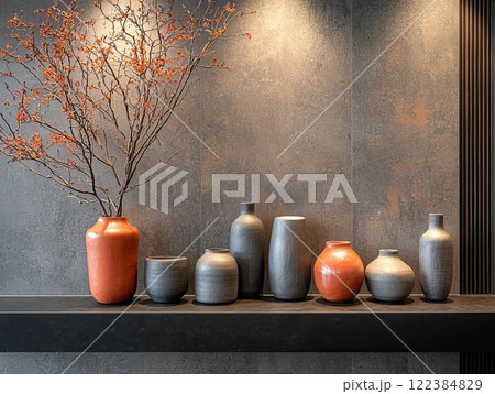 Minimalist arrangement of ceramic vases on a dark shelf Minimalist arrangement of ceramic vases on a dark shelf 122384829