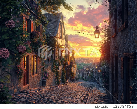 Historic European cityscape at sunset with cobblestone street 122384858