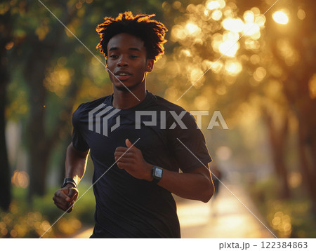 Young adult jogging along a tree-lined path during golden hour 122384863