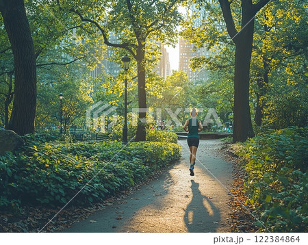 Young adult jogging along a tree-lined path during golden hour 122384864