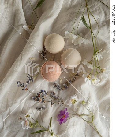 Floral Bath Bombs with Lavender and Dried Petals on Soft Fabric Floral Bath Bombs with Lavender and Dried Petals on Soft Fabric 122384913