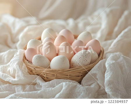 Pastel-colored Easter eggs in a basket for a festive spring celebration. Pastel-colored Easter eggs in a basket for a festive spring celebration. 122384937