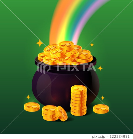Illustration of a black pot filled with gleaming gold coins featuring shamrock engravings, under a vibrant rainbow with sparkling stars. Perfect for St. Patrick's Day themes, Irish folklore designs Illustration of a black pot filled with gleaming gold coins featuring shamrock engravings, under a vibrant rainbow with sparkling stars. Perfect for St. Patrick's Day themes, Irish folklore designs 122384951