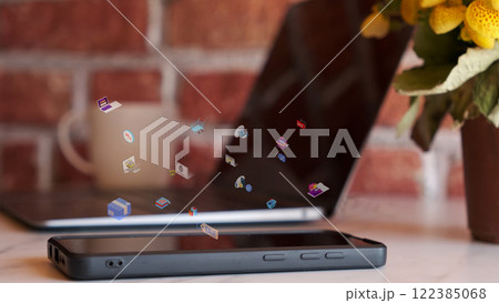 Omni channel technology of online retail business method. Multichannel marketing on social media network platform offer service of internet payment channel, online retail shopping and omni digital app 122385068
