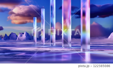 Abstract glass pillars reflecting light in dreamlike winter landscape 122385086