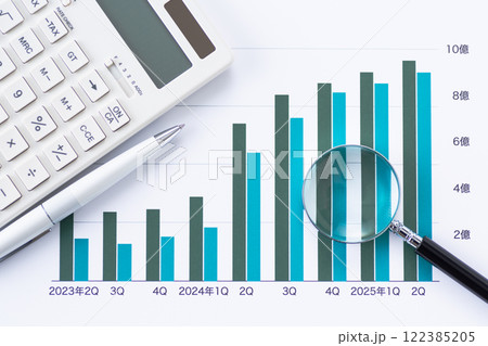 会社の業績グラフと企業ビルとルーペと電卓 122385205