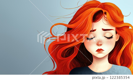 Sad redhead girl closing her eyes with long wavy hair flowing in wind 122385354