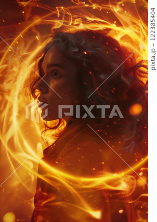 Stunning portrait of a fiery gaseous woman in the depths of space 122385404
