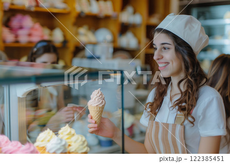 Confectioner serving delicious ice cream to young woman at pastry shop 122385451