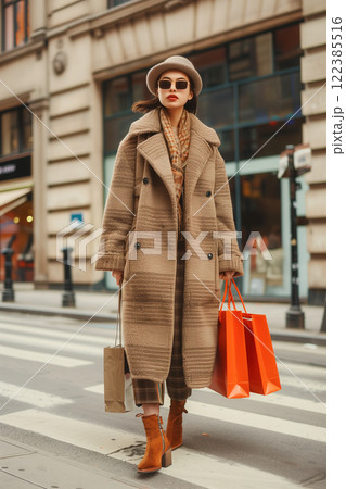 Stylish woman wearing a warm coat enjoys strolling city streets with shopping bags 122385516