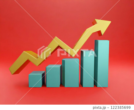 棒グラフと矢印。上昇。AI生成画像。 棒グラフと矢印。上昇。AI生成画像。 122385699