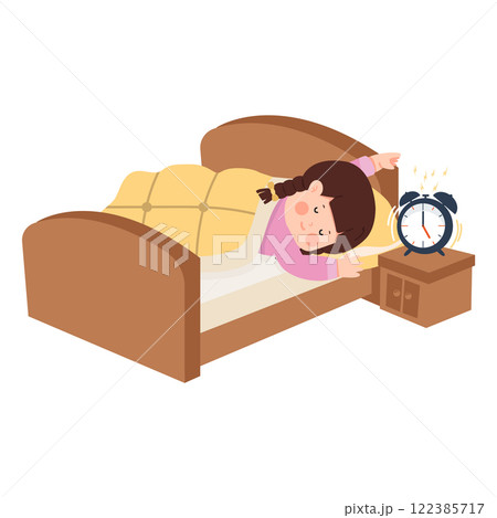 Kid sleeping on a pillow with a blanket and an alarm clock Kid sleeping on a pillow with a blanket and an alarm clock 122385717