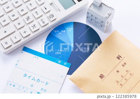 企業の雇用形態グラフと電卓と給料とタイムカード 122385978