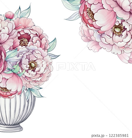 An elegant display of watercolor blooms showcases soft pink peonies and lush green leaves, creating a serene and artistic atmosphere template, background An elegant display of watercolor blooms showcases soft pink peonies and lush green leaves, creating a serene and artistic atmosphere template, background 122385981