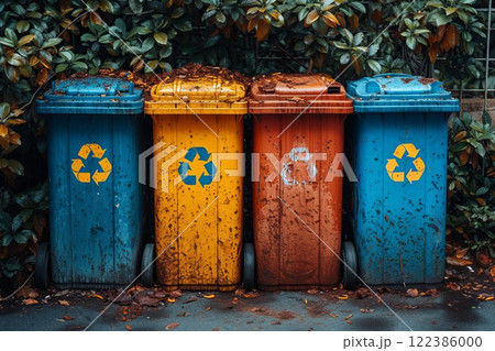 Garbage cans with recycling symbols on them stand outdoors 122386000