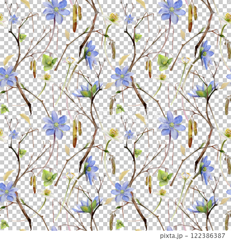 Branch with catkins, spring flowers white forest anemone primrose, blue hepatica forget-me-not, watercolor hand drawn. Seamless pattern botanical illustration isolated on white. Wedding, florist shop Branch with catkins, spring flowers white forest anemone primrose, blue hepatica forget-me-not, watercolor hand drawn. Seamless pattern botanical illustration isolated on white. Wedding, florist shop 122386387