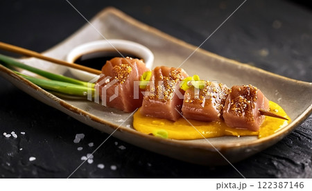 Delicious tuns Yakitori with saffron sauce and green onion Delicious tuns Yakitori with saffron sauce and green onion 122387146